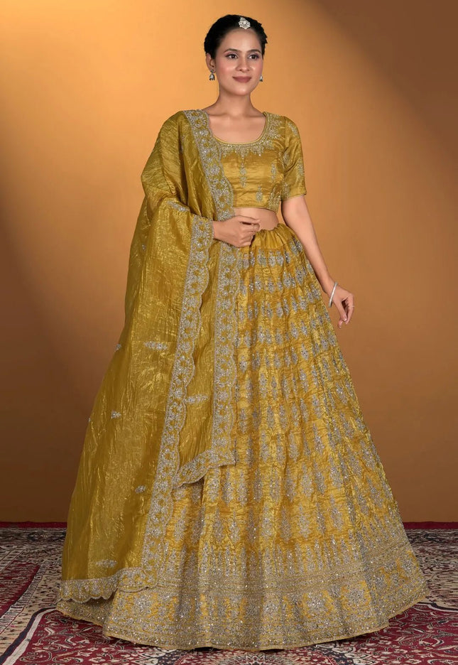 Yellow Gold Crush Embroidery Lehenga Choli For Women - Gajiwala