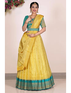 Yellow tissue Fabric Pattu Pavadai For Women - Gajiwala