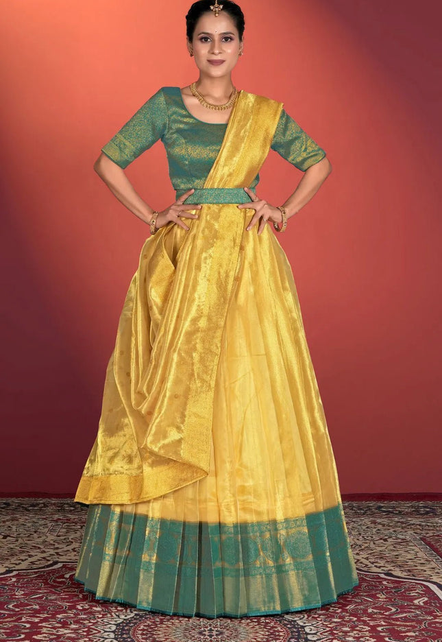 Yellow Tissue Silk Pattu Half Saree With Zari Woven - Gajiwala