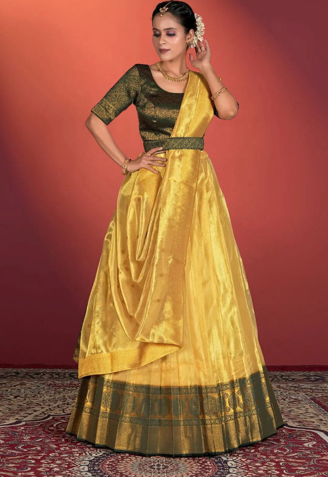Yellow Tissue Silk Pattu Half Saree With Zari Woven - Gajiwala