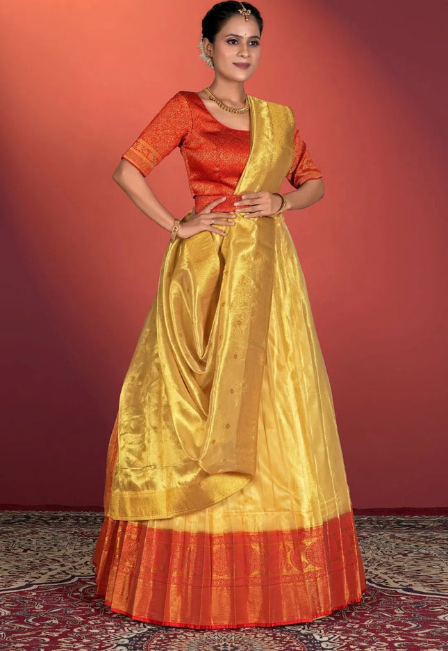 Yellow Tissue Silk Pattu Half Saree With Zari Woven - Gajiwala