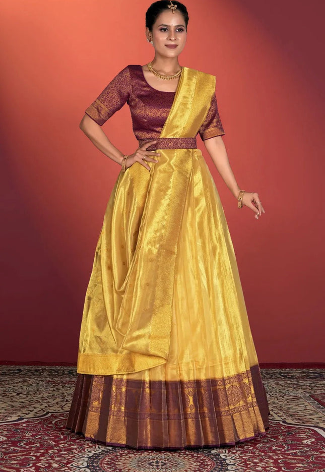 Yellow Tissue Silk Pattu Half Saree With Zari Woven - Gajiwala