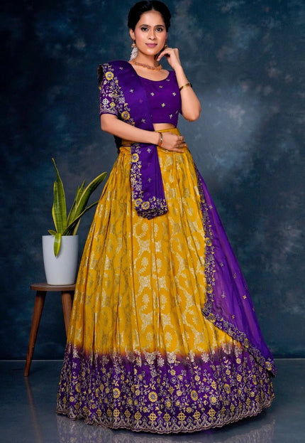 Yellow Viscos Muslin Lehenga With Purple Dupatta - Gajiwala