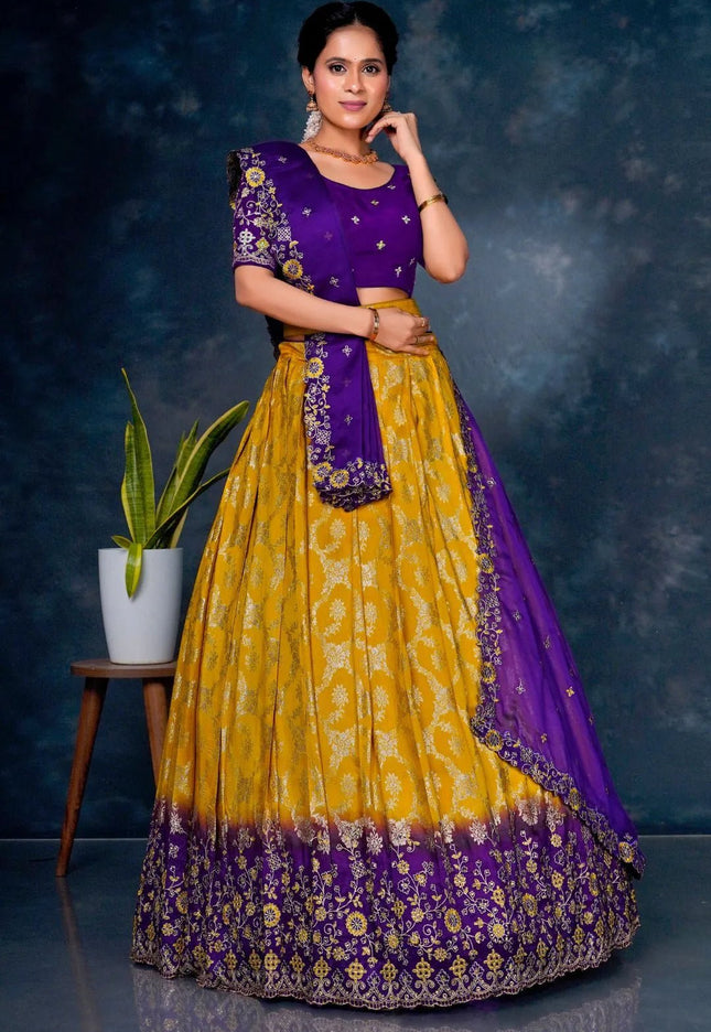 Yellow Viscos Muslin Lehenga With Purple Dupatta - Gajiwala